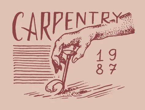 Hand with tool. Wood label for Workshop or signboards. Vintage logo, Badge for Illustrazione stock