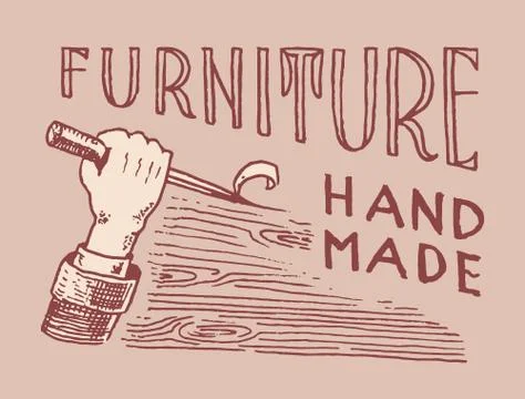 Hand with tool. Wood label for Workshop or signboards. Vintage logo, Badge for Illustrazione stock