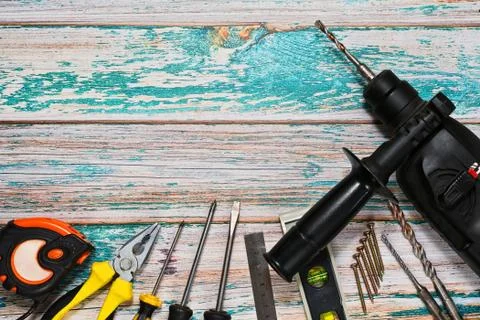 Hand tools and drilling machine - top view Stock Photos
