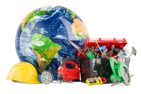 Hand tools and plastic tool box with Earth Globe. Service, repair and const.. Stock Illustration