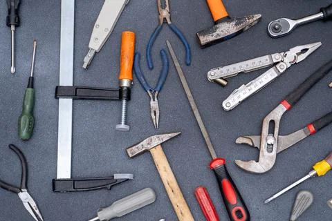 Hand Tools Background. Instruments for fixing. Work equipment set Stock Photos