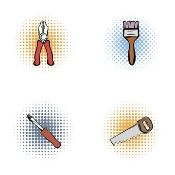 Hand tools icons set with pop art style Ilustración de archivo