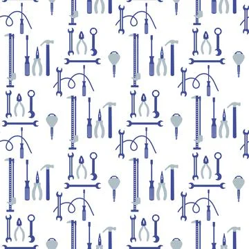 Hand tools pattern featuring hammers, screwdrivers, and wrenches on white b.. Stock Illustration
