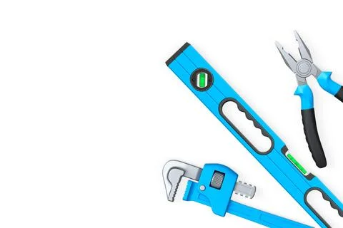 Hand tools like pliers, pipe wrench, and spirit level on white background w.. Stock Illustration