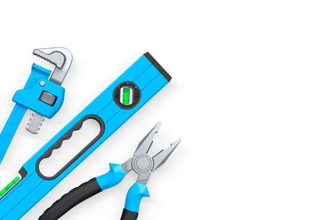 Hand tools like pliers, pipe wrench, and spirit level on white background w.. Ilustración de archivo