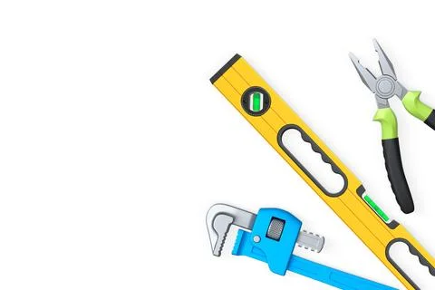 Hand tools like pliers, pipe wrench, and spirit level, isolated on white back Ilustración de archivo
