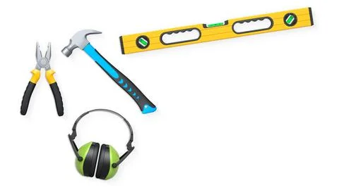 Hand tools like pliers, pipe wrench earmugs and spirit level on white background Stock Illustration
