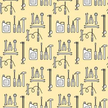 Hand tools seamless pattern with hammers, wrenches, and pliers on yellow ba.. Stock Illustration
