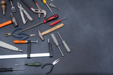 Hand Tools set top view. Professional DIY different Equipment for household.. Stock Photos