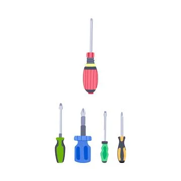 Hand tools set with various colorful screwdrivers Ilustración de archivo