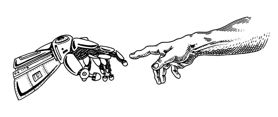 Hand touch. Android and human. Artificial intelligence Banner. Bionic arm poster Stock Illustration