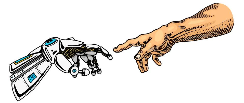 Hand touch. Android and human. Artificial intelligence Banner. Bionic arm poster Stock Illustration