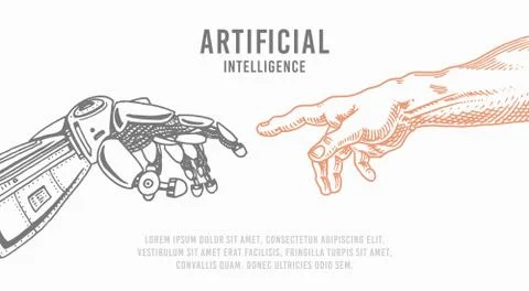 Hand touch. Android and human. Artificial intelligence Banner. Bionic arm poster Stock Illustration
