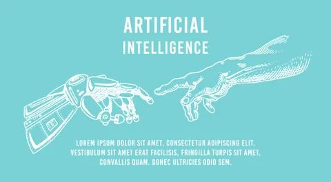 Hand touch. Android and human. Artificial intelligence Banner. Bionic arm poster Stock Illustration