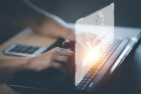 Hand  touch bar of Update Software Computer Program Upgrade Business Technolo 스톡 사진