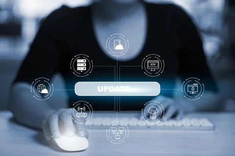 Hand touch bar of Update Software Computer Program Upgrade Business Technolog 스톡 사진