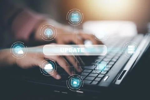 Hand touch bar of Update Software Computer Program Upgrade Business Technolog Foto stock