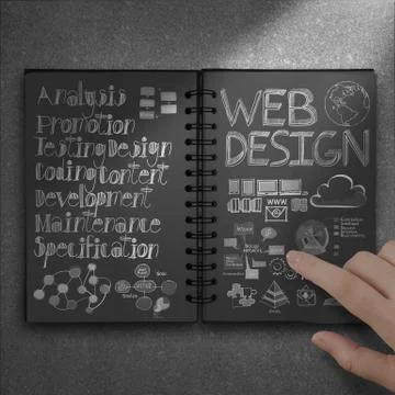 Hand touch book of  hand drawn web design diagram  background as concept Stock-Illustration