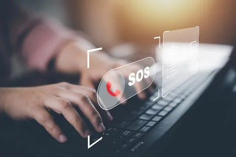 Hand touch button Emergency app in home, call phone, Chat message icon, Emerg Stock Photos