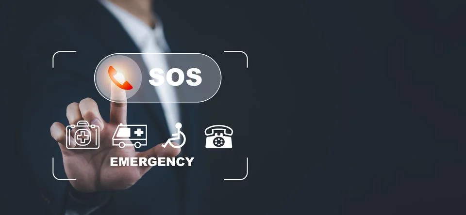 Hand touch button Emergency app in home, call phone, Chat message icon, Emerg Stock Photos
