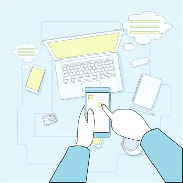 Hand Touch Cell Smart Phone Call, Business Office Workplace Desktop Angle Above Stock Illustration