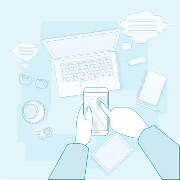 Hand Touch Cell Smart Phone Call, Business Office Workplace Desktop Angle Above Stock Illustration