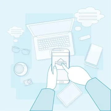 Hand Touch Cell Smart Phone Call, Business Office Workplace Desktop Angle Above Stock Illustration