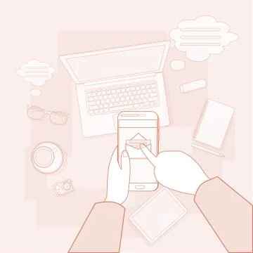 Hand Touch Cell Smart Phone Call, Business Office Workplace Desktop Angle Above Stock Illustration