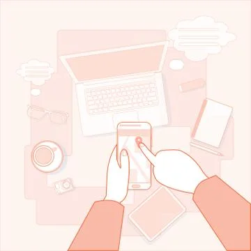 Hand Touch Cell Smart Phone Call, Business Office Workplace Desktop Angle Above Stock Illustration