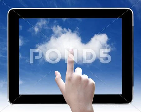 Hand touch  cloud on tablet pc, concept of cloud computing. Stock Illustration