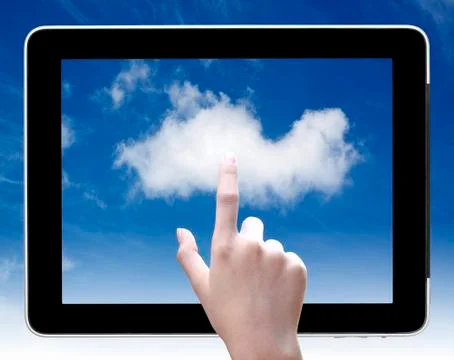 Hand touch  cloud on tablet pc, concept of cloud computing. Stock Illustration