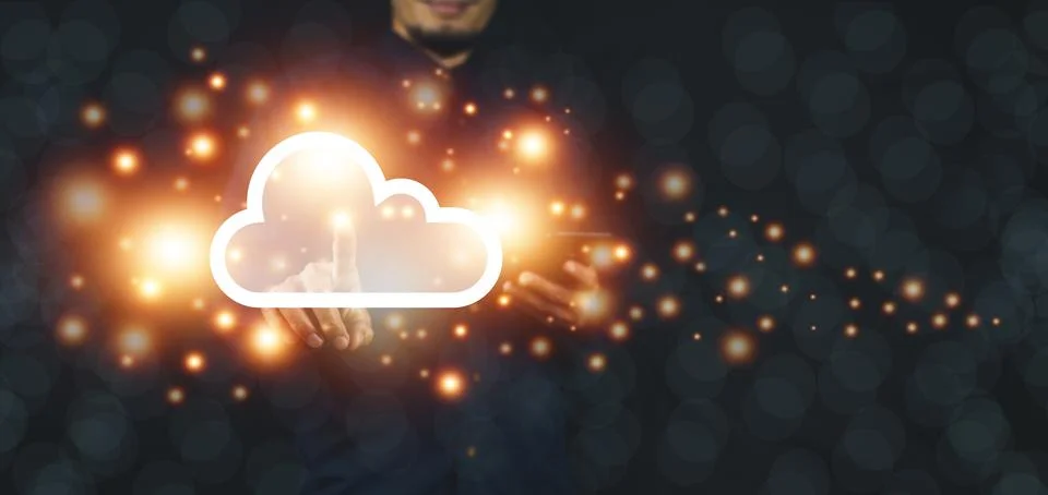 Hand touch on cloud visual screen connection to VR glasses metaverse AI techn Stock Photos