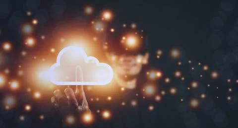 Hand touch on cloud visual screen connection to VR glasses metaverse AI techn Foto stock