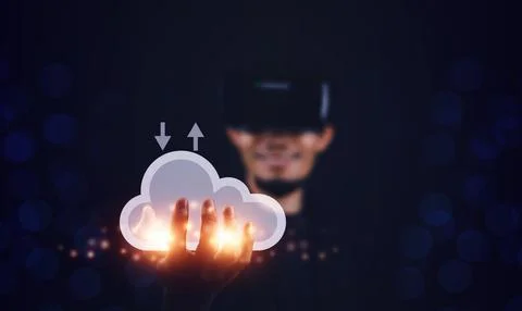 Hand touch on cloud visual screen connection to VR glasses metaverse AI techn Stock Photos