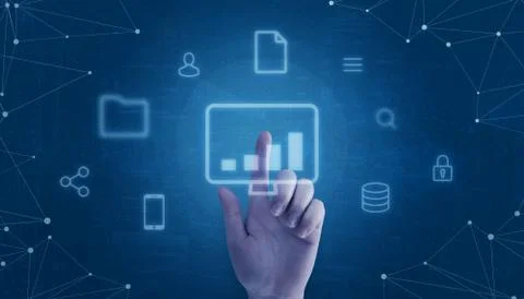 Hand touch computer icon surrounded with internet of things icons concept. Stock Photos