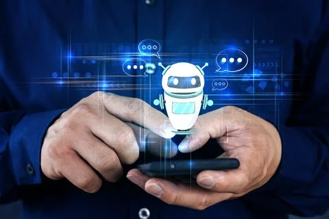 Hand touch Digital chatbot to access information and data in the online net.. Foto stock