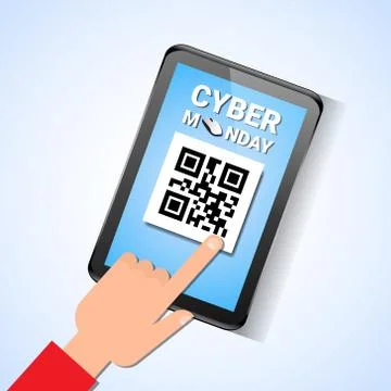 Hand Touch Digital Tablet With Qr Code On Screen Cyber Monday Sale Message 스톡 일러스트