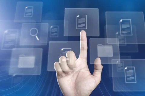 Hand touch Document Management System (DMS) Online Document Database and auto Stock Photos