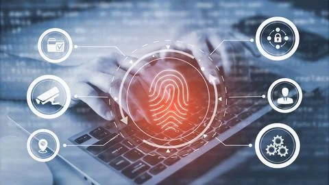 Hand touch fingerprint with virtual global with cyber security, Login, User,  Stock Photos
