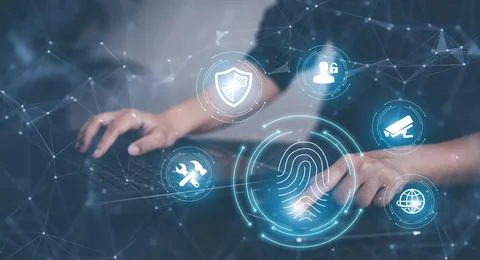 Hand touch fingerprint with virtual global with cyber security, Login, User,  Stock Photos
