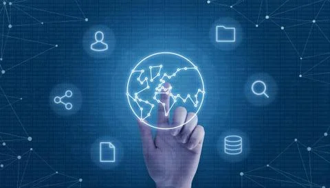 Hand touch globe concept with network threads surrounded with user, share, fi Stock Photos