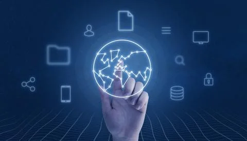 Hand touch globe network map concept. Internet and computing icons concept su 스톡 사진