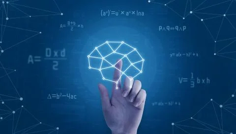 Hand touch network brain concept, surrounded with math formulas and network t Stock Photos