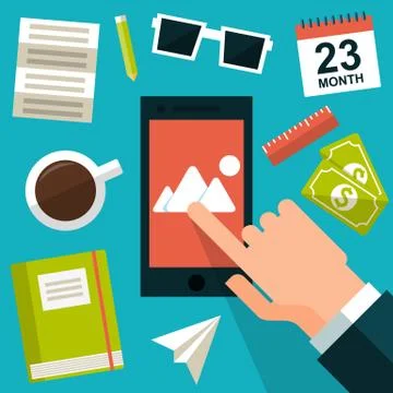 Hand touch in phone with icon Stock Illustration