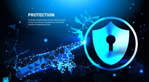 Hand Touch Protection Shield Blue Polygonal Over Business Concept Of Data Illustrazione stock