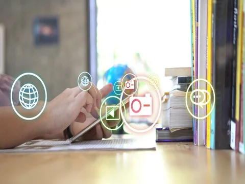 Hand touch screen smart phone, social icons interface on screen. Stock Footage 80363231