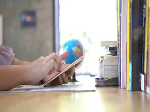 Hand touch screen smart phone, social icons interface on screen. Stock Footage 80363286