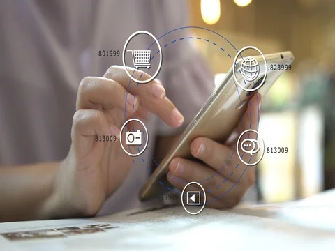 Hand touch screen smart phone, social icons interface on screen. Stock Footage 80363699