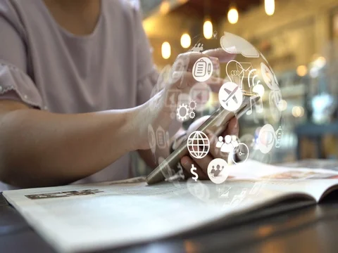 Hand touch screen smart phone, globe icons interface on screen. Stock Footage 80365140