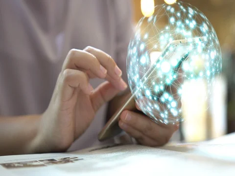 Hand touch screen smart phone, globe network interface on screen. Stock Footage 80365214